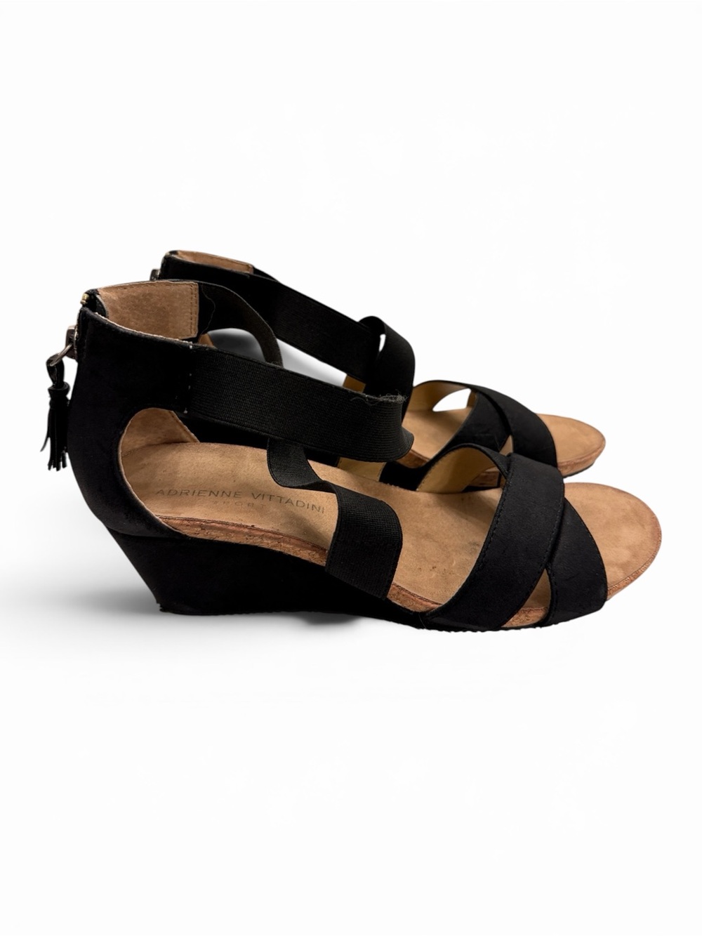 Adrienne Vittadini Black Elastic Strap Wedge Sandals